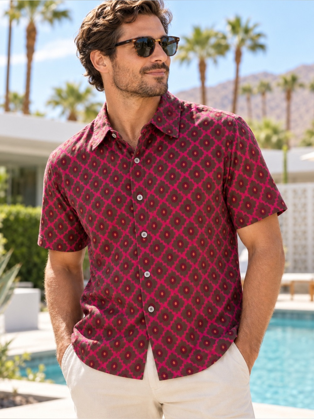 Mr. Turk short-sleeve button-down shirt in bold burgundy/pink geometric print🌴